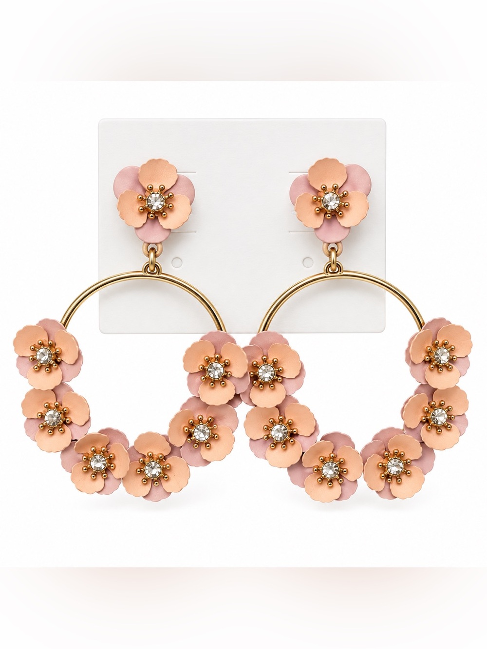 Blush Pink Floral Hoop Earrings Rose Gold Tone Rhinestone Statement
